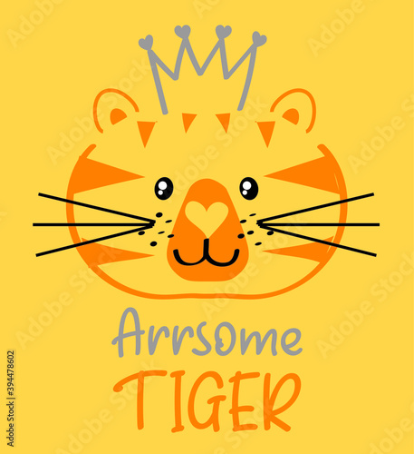 basic tiger face vector illustration on pink background. cute tiger wear a crown. arrsome tiger slogan.

