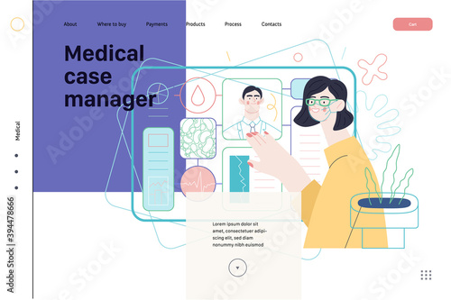 Medical insurance template -medical case manager -modern flat vector concept digital illustration of a manager reordering the medical procedures and diagnosiss, process metaphor, medical insurance