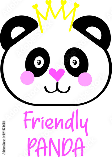 basic panda face vector illustration on white background. cute panda wear a crown. friendly panda slogan.