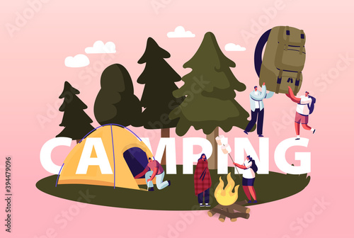 Camping Concept. Characters Spend Time at Summer Camp in Forest. Tourist Set Up Tent, Frying Marshmallow on Campfire
