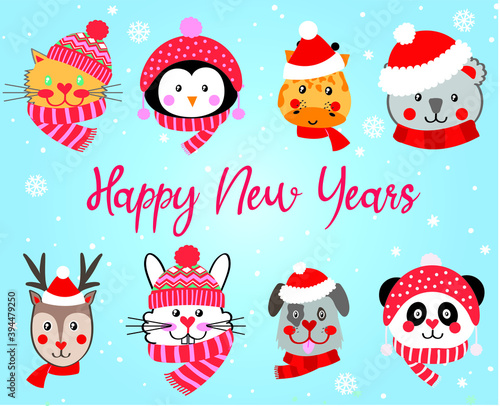 cute noel animal faces set vector illustration on the blue background. cat, giraffe, rabbit, koala, panda, penguin, dog, deer are ready for Christmas. Happy new year slogan with snow.
