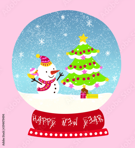 Happy new year snow globe with snowman and noel tree. Merry Christmas illustration.