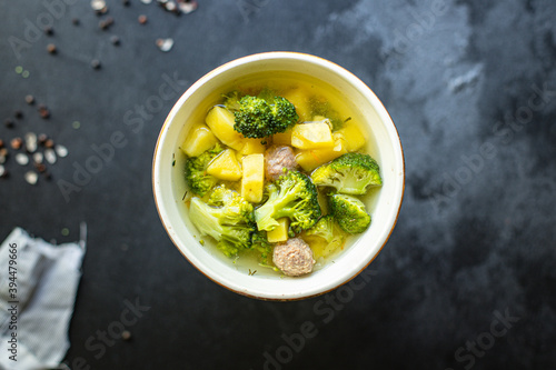 soup meatballs broccoli vegetables first course broth meat chicken or turkey home cooking healthy meal top view copy space for text food background rustic keto or paleo diet
