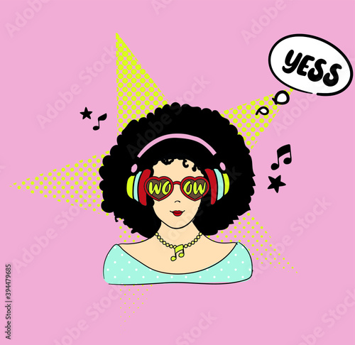 Young woman with afro hairstyle, wear heart glasses and headphones listening to the music. pop art. vector illustration.