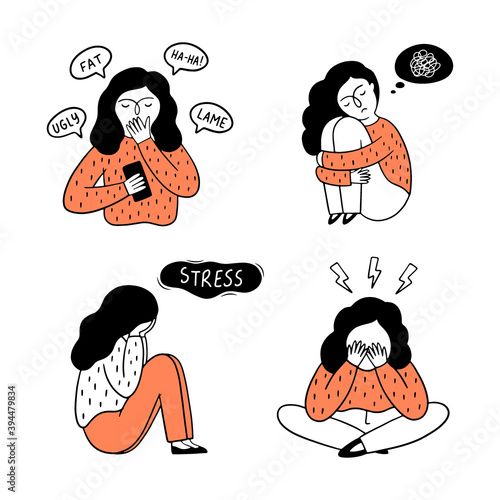 Cyberbullying concept. A set of a girl experiencing different emotions such as fear, sadness, depression, stress. Vector hand-drawn illustration.