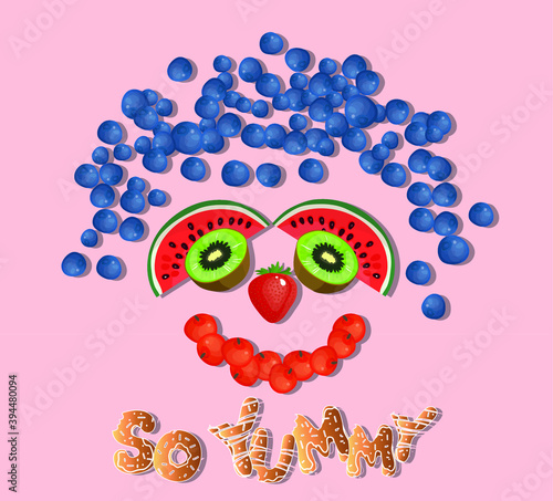 Happy face drawing with fruits. Blueberry, watermelon, kiwi, strawberry, letter kraker. Colorful fruits on the pink ground