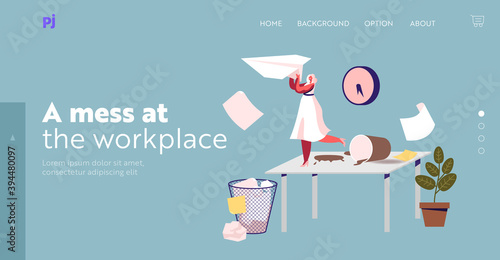 Problems with Organization Work Process Landing Page Template. Tiny Businesswoman Character on Messy Workplace