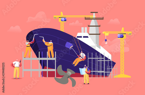 Shipbuilding Concept. Engineer Male Characters Assembling Nautical Vessel Stand on Scaffold in Dock Welding and Painting