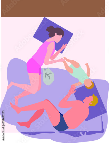 Cute family sleeping with their cat. Baby, mother, father and the cat are sleeping. Flat cartoon colorful vector illustration.
