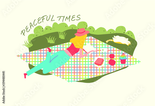 Young woman at picnic with her cat. Peaceful times at outside. Flat cartoon vector illustration.