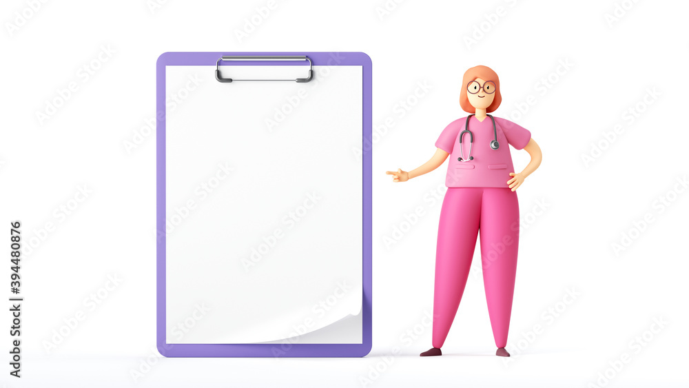 3d render. Woman doctor cartoon character stands near the big clipboard with white paper. Clip art isolated on white background. Professional medical consultation. Prescription blank mockup. - obrazy, fototapety, plakaty 