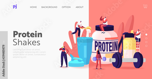 Bodybuilding Food Landing Page Template. Tiny Characters Drink Protein Cocktails from Shaker in Gym. Sportive Nutrition