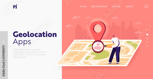 Satellite Geolocation Positioning Landing Page Template. Tiny Male Character with Magnifier at Huge Map Find Correct Way