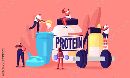 Tiny Characters Drinking Protein Cocktails from Shaker. Sportive Nutrition, Healthy Lifestyle. People Pumping Muscles