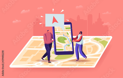 Characters Using Geolocation Positioning Concept. Tiny Man and Woman with Smartphone at Huge Map Searching Way in City
