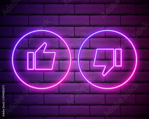 Vector realistic isolated neon signs of thumbs up and down on the wall background. Concept of rating, network and social media.