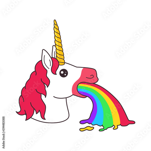 Cute magic fantasy cartoon unicorn head puke rainbow vomit sticker vector isolated