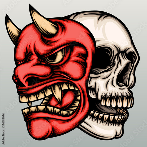 Skull head with hannya mask