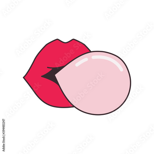 Pop woman red lips blowing bubble gum outline drawing sticker