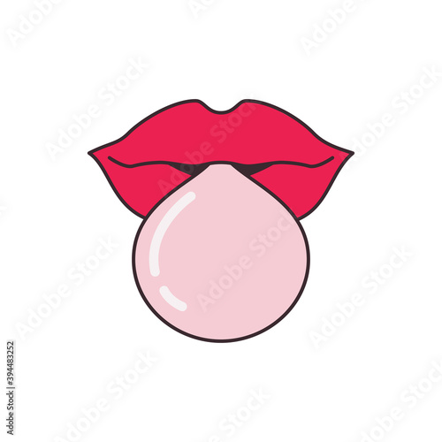Pop woman red lips blowing bubble gum outline drawing sticker