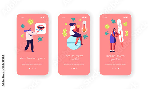 Weak Immune System Mobile App Page Onboard Screen Template. Tiny Male Female Characters Boost Immunity, Protect of Germs