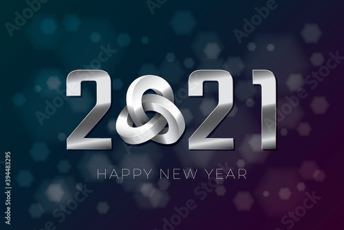 2021 Silver Numerals Logo with Triple Mobius Loop Impossible Figure and Happy New Year Lettering - Silver on Luminous Hexagons Background - Gradient Graphic Design