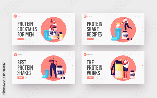 Fitness, Bodybuilding Landing Page Template Set. Tiny Characters Drink Protein Cocktails from Shaker in Gym, Nutrition
