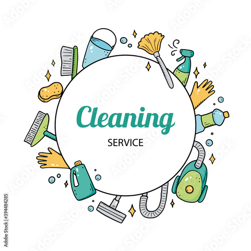 Hand drawn design template of cleaning equipments, sponge, vacuum, spray, broom, bucket. Doodle sketch style. Clean element drawn by digital brush-pen. Illustration for icon, frame, background, banner