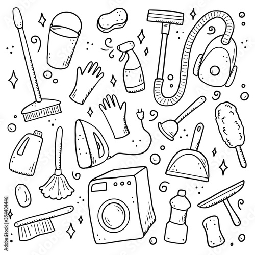 Hand drawn set of cleaning equipments, sponge, vacuum, spray, broom, bucket. Comic doodle sketch style. Clean element drawn by digital brush-pen. Illustration for icon, frame, background.