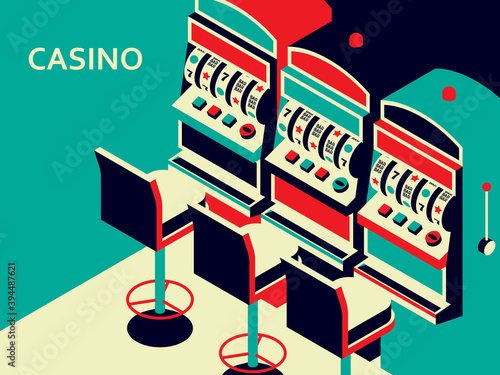 Casino slot machine in isometric flat style. One arm gambling device