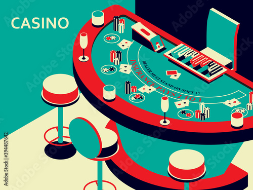 Casino black jack table in isometric flat style. Chips and card deck