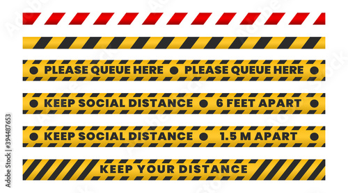 Collection of social distance floor tapes. Warning safety rules for shopping and service during covid-19. Vector illustration of keep distance signs for queue