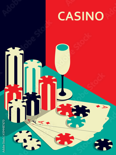 Casino banner. Chips, drink and ace cards
