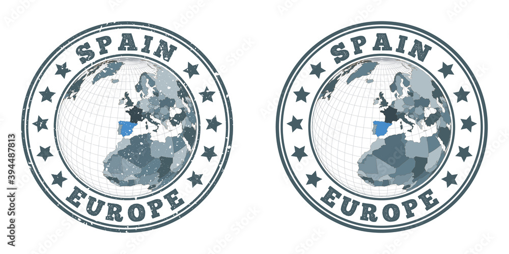 Spain round logos. Circular badges of country with map of Spain in world context. Plain and textured country stamps. Vector illustration. Spain round logos. Circular badges of country with map of Spain in world context. Plain and textured country stamps. Vector illustration.