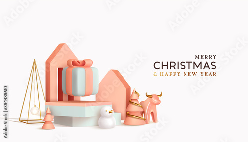 Christmas festive winter 3d composition. Realistic stage, podium, Xmas studio. Minimal abstract new year background. Modern Creative holiday template. Banner and poster. Vector illustration