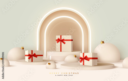 Merry Сhristmas and Happy New Year. Realistic design, white gift boxes with red ribbon, light balloons, neon arch, round realistic stage, podium, Xmas studio. Holiday background with 3d rednder object