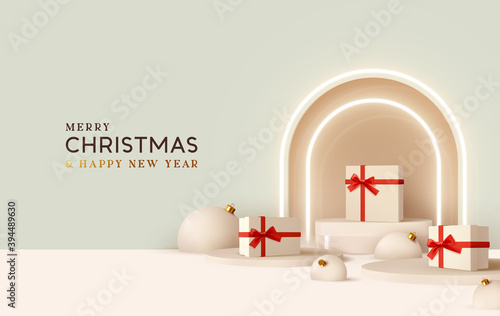 Merry Сhristmas and Happy New Year. Realistic design, white gift boxes with red ribbon, light balloons, neon arch, round realistic stage, podium, Xmas studio. Holiday background with 3d rednder object