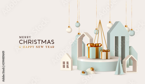 Christmas festive winter 3d composition. Realistic stage, podium, Xmas studio. Minimal abstract new year background. Creative holiday template. Banner and poster. Vector illustration