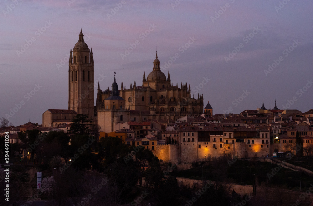 Beautiful view of Segovia Cathedral in Spain during nighttime