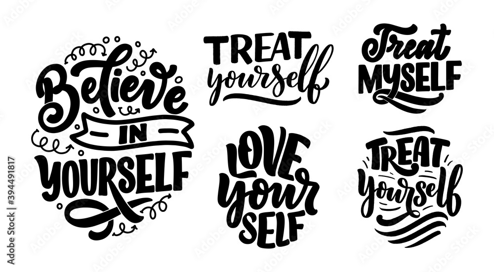 Set with selfcare lettering quotes for blog or sale. Time to something nice. Beauty, body care, premium cosmetics, delicious, ego. Modern calligraphy. Vector design prints