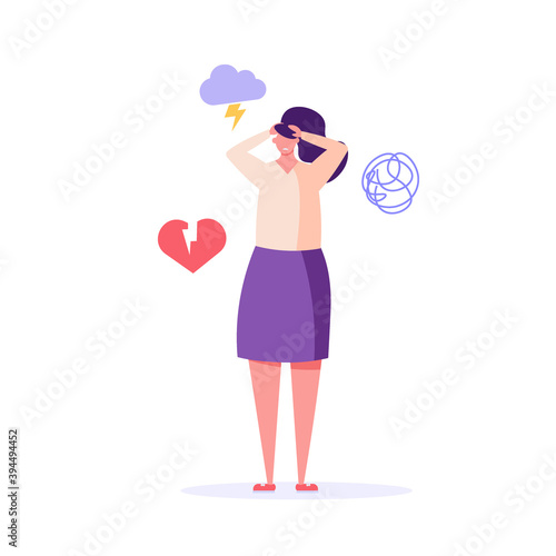 Woman with psychological problems tries to help himself. Concept of psychotherapy session, psychological consultation and abstract problems concept. Vector illustration in cartoon design