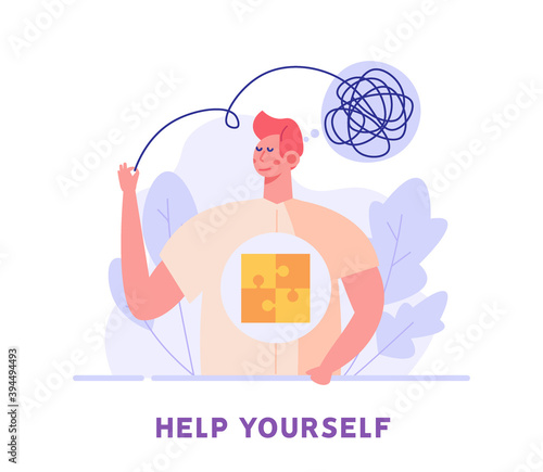 Man with psychological problems tries to help himself. Concept of psychotherapy session, psychological consultation and abstract problems concept. Vector illustration in cartoon design