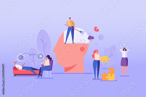Psychological set. Psychotherapy session, psychological consultation and abstract problems concept. Woman psychologist advises patient on chair. Vector illustration in cartoon design