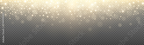 Glowing light and gold glitter on transparent backdrop. Shining particles with bokeh. Greeting card template with rays. Christmas wide banner with bright sparks. Vector illustration