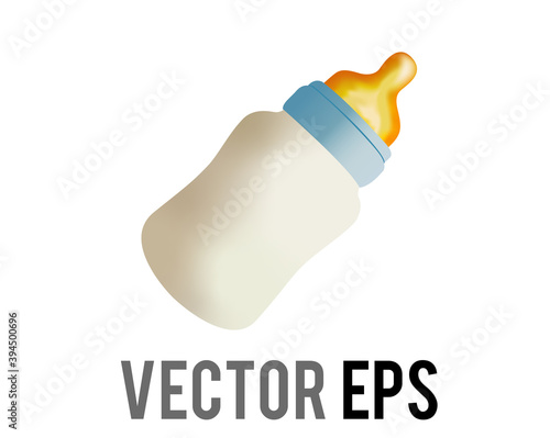 Vector bottle of milk or formula icon with bluish cap and rubber nipple or teat