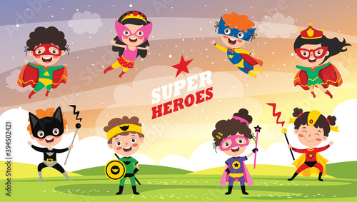 Little Funny Cartoon Superheroes Posing
