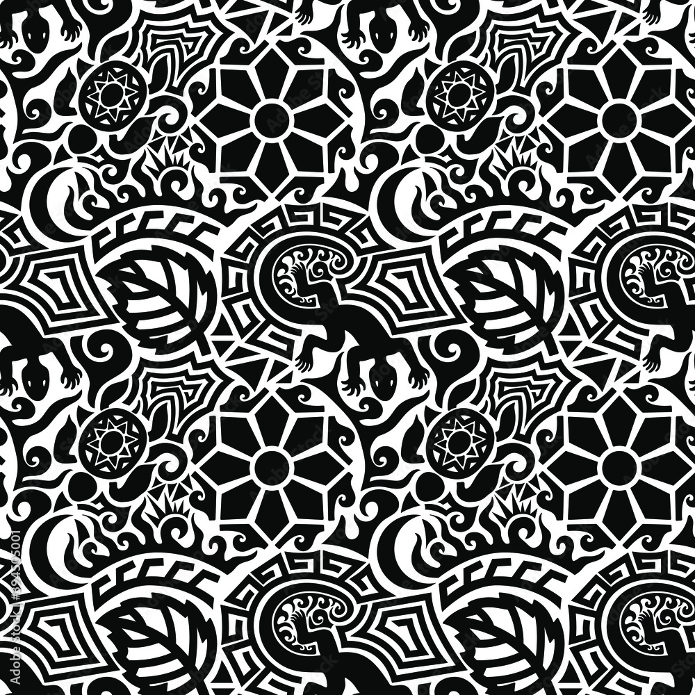Black tribal tattoo seamless pattern in maori style with turtle, sun or  flower, leaf, moon and lizard on white background. Isolated decorative  endless backdrop vector illustration Stock Vector | Adobe Stock