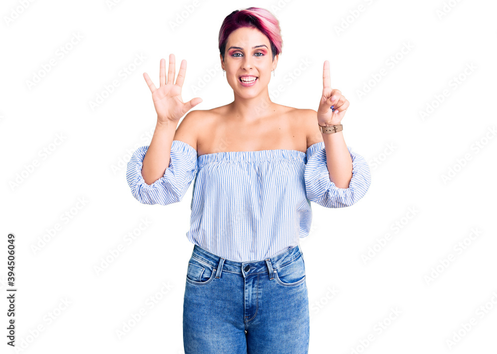 Young beautiful woman with pink hair wearing casual clothes showing and pointing up with fingers number six while smiling confident and happy. Young beautiful woman with pink hair wearing casual clothes showing and pointing up with fingers number six while smiling confident and happy.