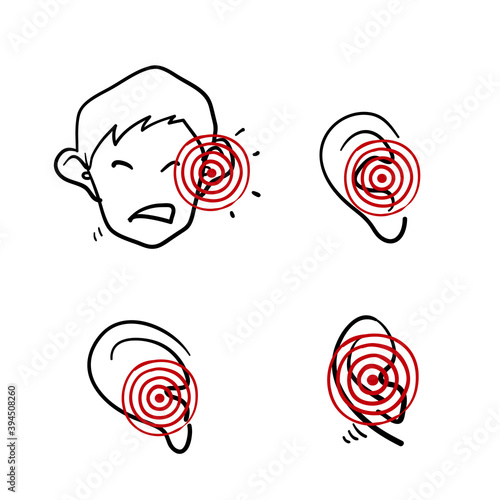 hand drawn ear pain icon, earache, inflammation illustration in doodle style vector