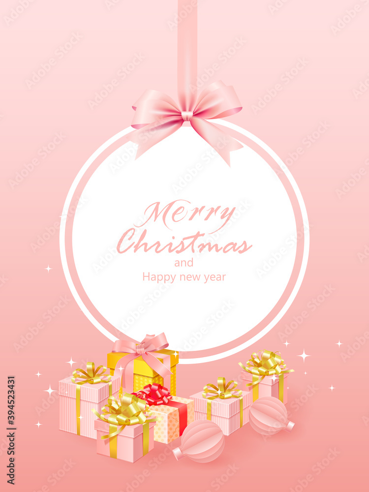 Naklejka premium Merry christmas background composition in paper cut style color of pink.